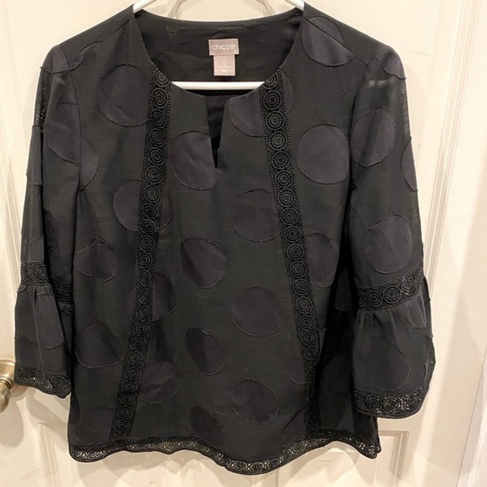 Chico's Black Polka Dot Crochet Lace Trim Bell Sleeve Blouse Top Size 0 US 4/6